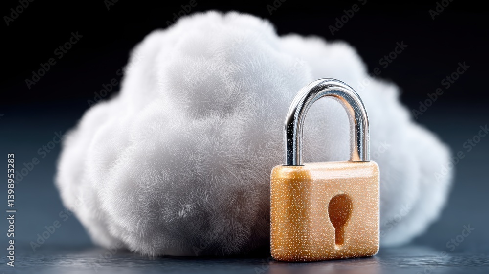 Poster cloud technology digital data storage concept. a fluffy cloud with a shiny padlock symbolizes securi