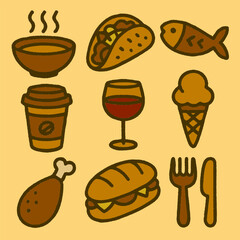 Whimsical food icon set in Naive Art, Folk Art, and Naive Expressions styles. Includes taco, soup, coffee, wine, fish, ice cream, sandwich, chicken leg, and cutlery on a warm rustic background.

