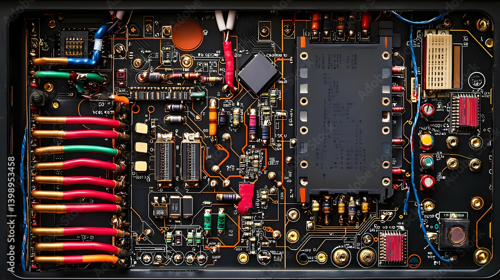 Poster Close Up View Of Colorful Circuit Board With Complex Components