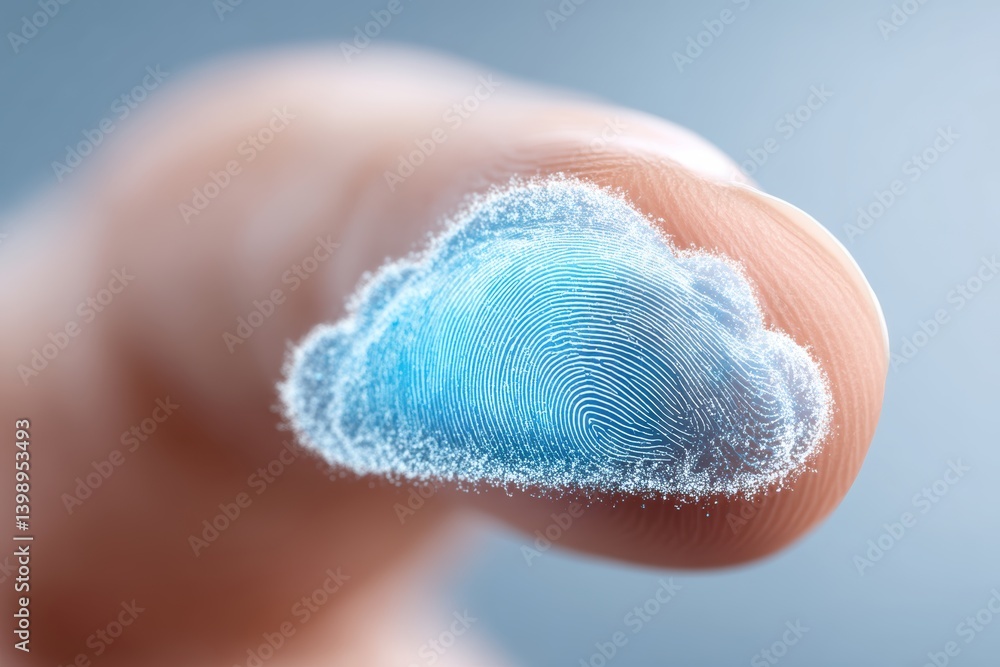Poster cloud technology digital data storage concept. a finger with a cloud-like fingerprint design against