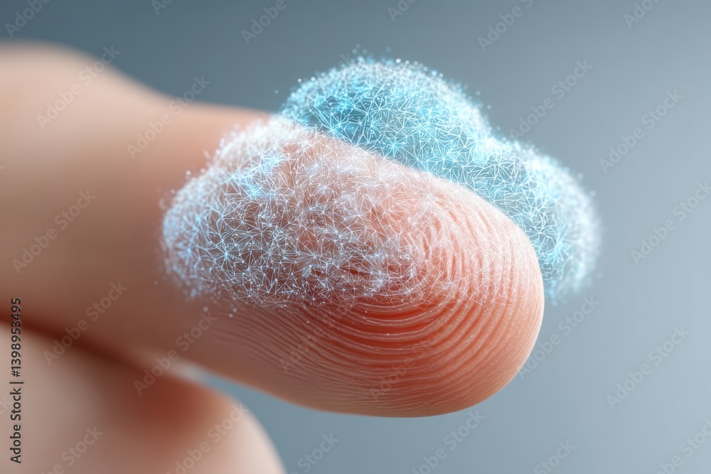 Poster cloud technology digital data storage concept. a fingertip with a cloud of fine particles representi