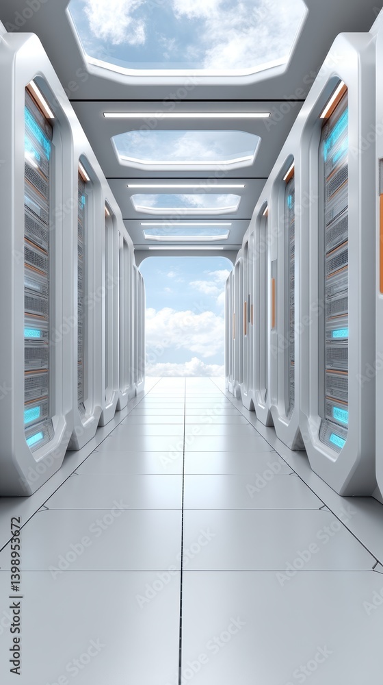 Poster cloud technology digital data storage concept. futuristic server corridor with sleek architecture an