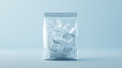 Clear Bag Filled with Ice Cubes on Light Blue Background (1)