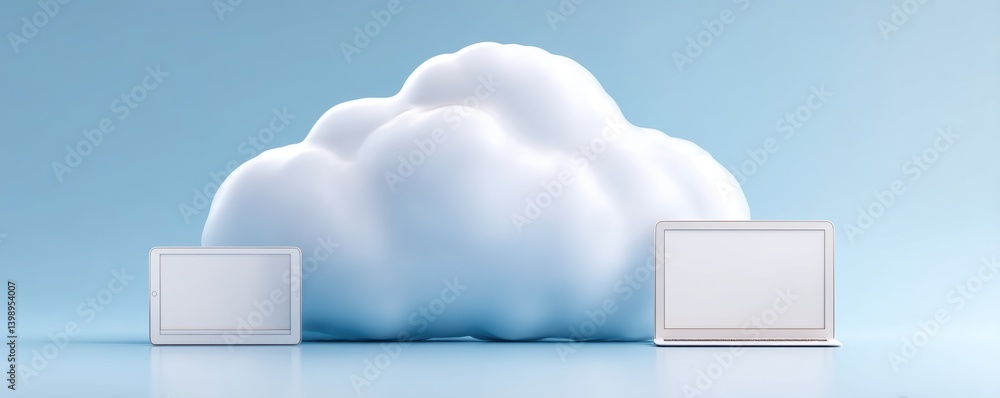 Poster cloud technology digital data storage concept. cloud computing concept with laptops against a blue b