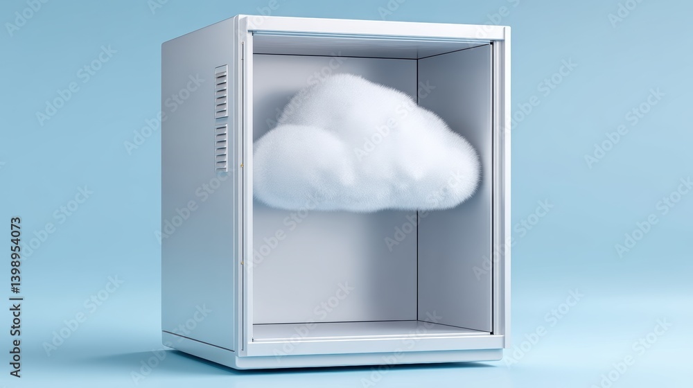 Poster cloud technology digital data storage concept. a cloud enclosed in a transparent box against a blue 