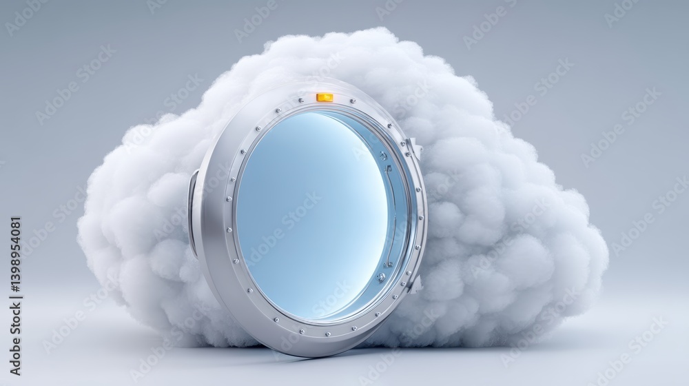 Poster cloud technology digital data storage concept. a futuristic mirror framed by fluffy clouds, blending