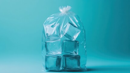 Ice cubes in a clear plastic bag on a turquoise background