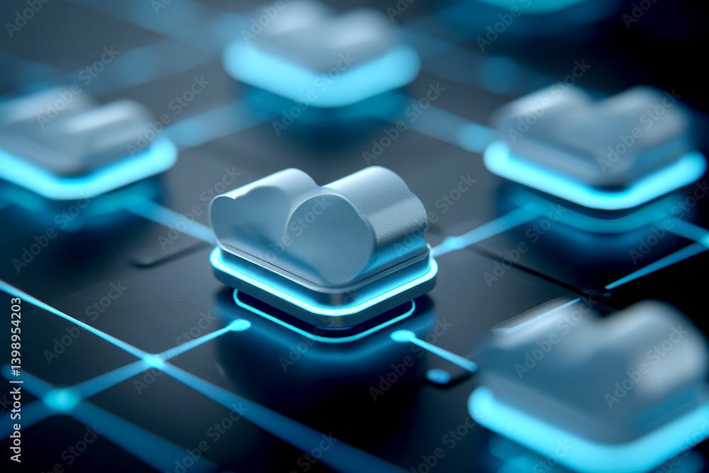 Poster cloud technology digital data storage concept. futuristic cloud storage concept with glowing icons o