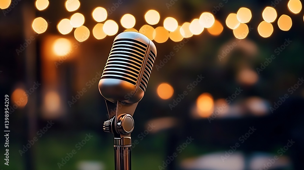 Poster shiny silver vintage microphone captured with glowing bokeh lights in background : generative ai