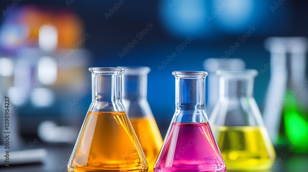 Poster brightly colored laboratory flasks filled with liquids highlighting the chemistry of research work :