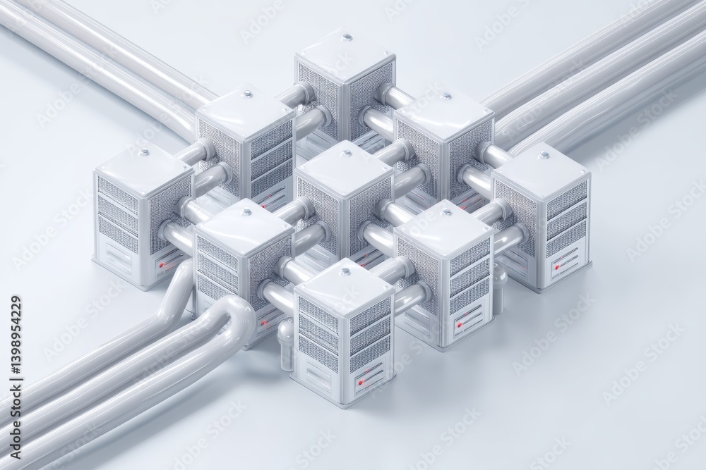 Poster cloud technology digital data storage concept. abstract design of interconnected boxes and cables in