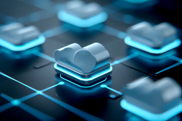 Cloud technology digital data storage concept. Futuristic cloud storage concept with glowing icons on a digital interface.