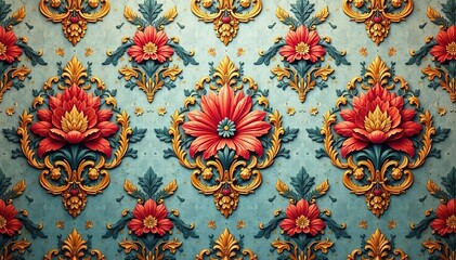 Intricate floral damask textile, faded elegance, repeat, fabric, classic