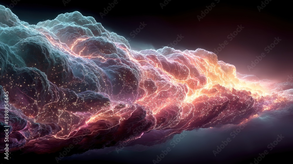 Poster cloud technology digital data storage concept. abstract colorful cloud formation with glowing edges 