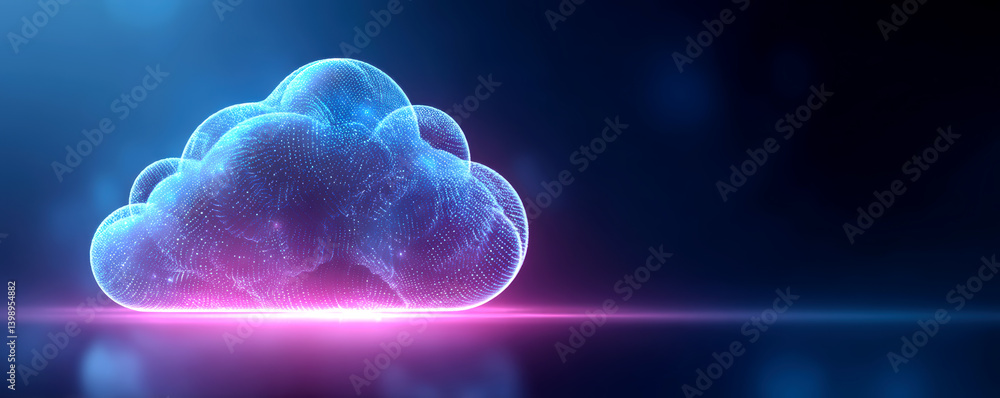 Aufkleber cloud technology digital data storage concept. illuminated digital cloud on a dark background with g
