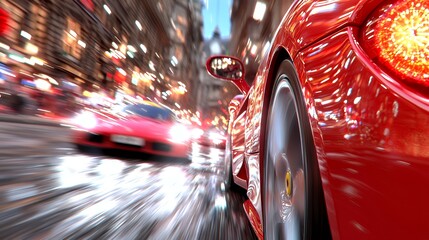 Red sports car racing through night city
