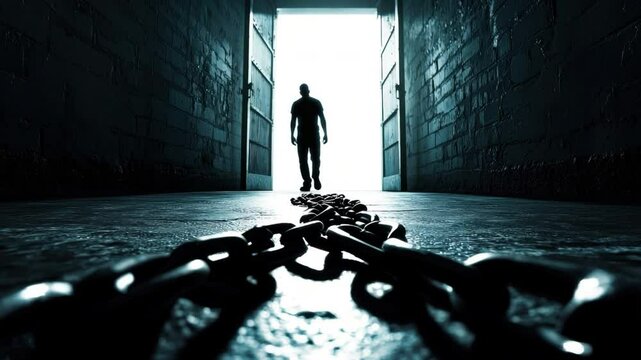 An inmate walks toward a bright doorway, symbolizing freedom, with broken chains lying on the ground.