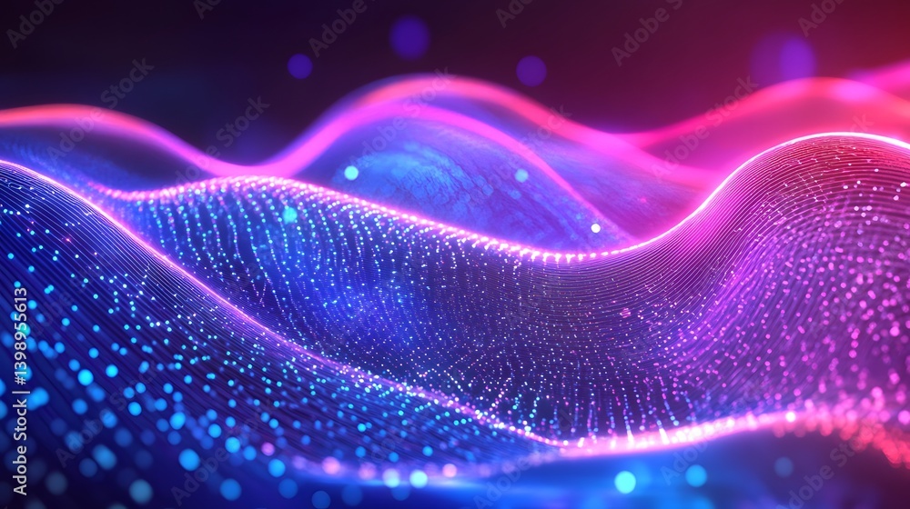 Poster abstract digital wave patterns in vibrant colors. the image features flowing lines and particles, ev