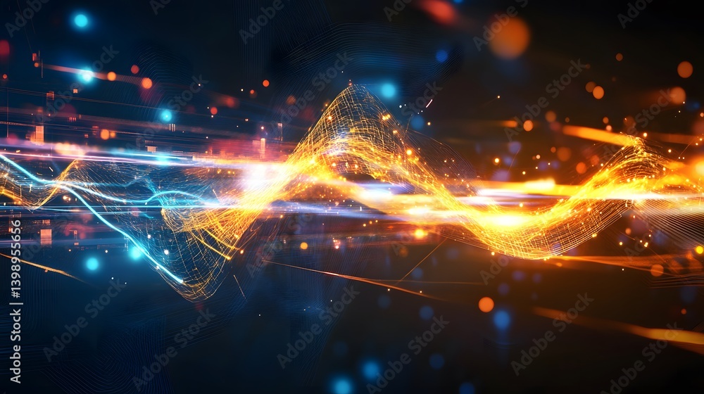 Poster an abstract digital rendering that showcases an energetic and dynamic flow of data. it uses vivid co