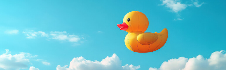 Rubber duck floating in the sky like a hot air balloon, calm clouds passing by 