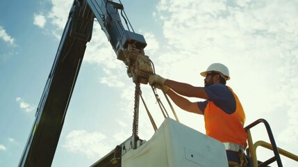 A Hispanic construction worker operating a crane at a construction site. Featuring skill and control