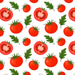 Seamless pattern with red tomato and leaf. Ripe juicy fresh tomato on white background. Vector flat background with vegetables. For web, printing on paper, packaging and surfaces.