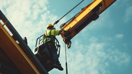 A Hispanic construction worker operating a crane at a construction site. Featuring skill and coordination
