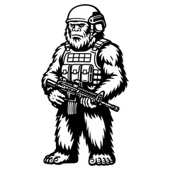Fototapeta premium Modern soldier yeti with a tactical helmet and rifle. Black and white line art 