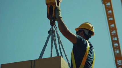 A Hispanic construction worker operating a crane to lift heavy materials. Featuring crane operation and heavy lifting