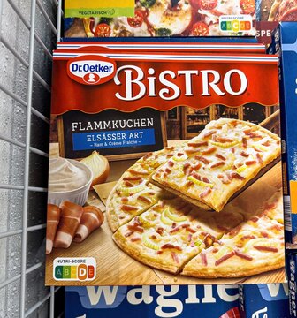 Frozen dr. Oetker bistro flammkuchen elsasser art in a supermarket freezer - FRANKFURT, GERMANY - APRIL 9, 2025