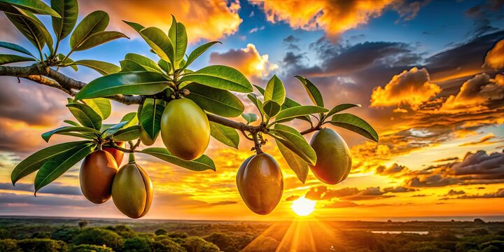 Lucuma Fruit Silhouette Photography: Eggfruit Sunset Silhouette,  Dramatic Backlit Lucuma,  Silhouette Lucuma Tree,  Tropical Fruit Silhouette