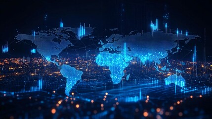 Fototapeta premium World map digital overlay on cityscape with glowing lights and blue accents.
