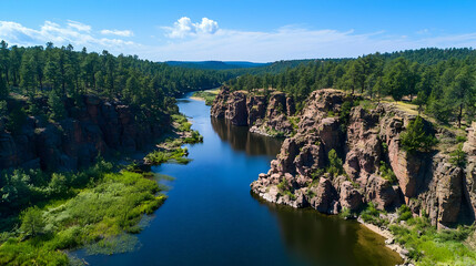 Aerial View Of Canyon River Winding Through Rocky Landscape