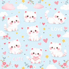 Illustration of cute white kittens with hearts and stars on a blue background