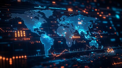 World map with digital data overlay in blue and orange tones.