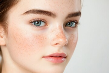 Young woman face with freckles close up natural beauty portrait
