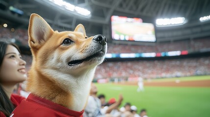 Shiba inu watching baseball game at stadium
