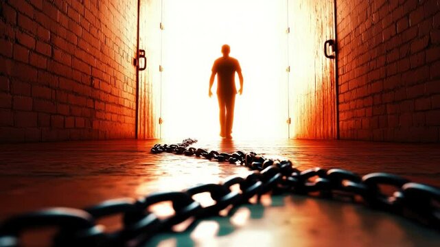 Symbolic shot of broken chains on the ground as an inmate walks toward a bright doorway, representing freedom and hope.