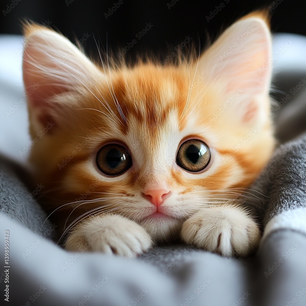 Poster cuddly orange tabby kitten with a curious expression on a soft blanket : generative ai