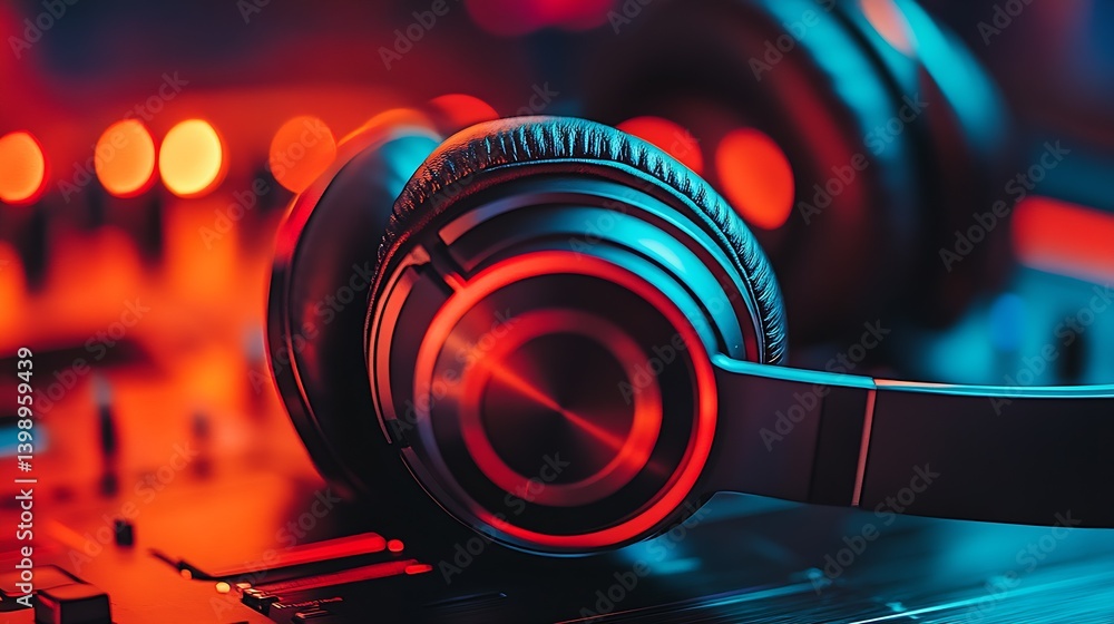 Poster close up of high quality headphones against a vibrant colorful background highlighting the dynamic m