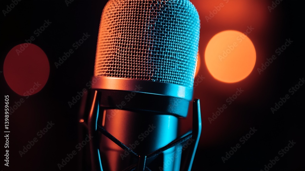 Poster a striking image of a microphone with dramatic lighting effects showcasing sound technology : genera