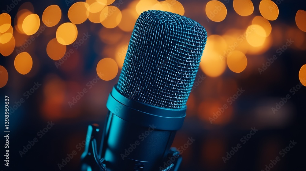 Poster High definition microphone with detailed focus surrounded by sparkling background lights illustrating music production and vocal performance : Generative AI