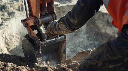 A Hispanic construction worker operating an excavator at a construction site. Featuring technical skill and control