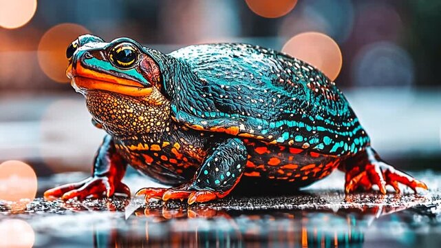 Colorful frog resting on a wet surface with blurred bokeh background, showcasing vibrant patterns