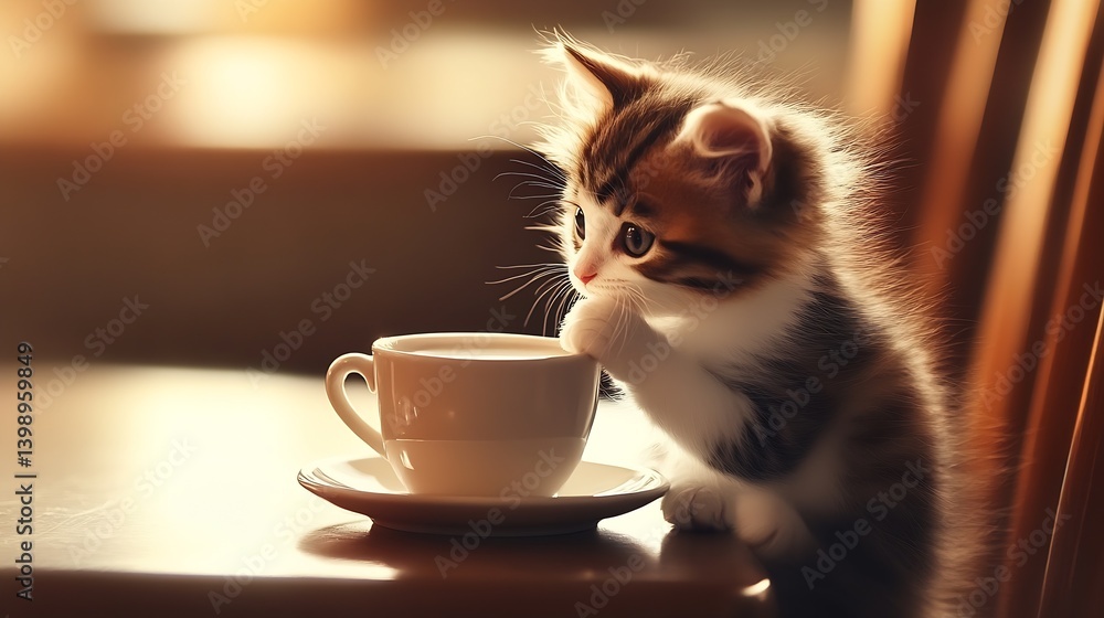 Poster charming kitten curiously gazing at a cup of coffee on a table in warm light : generative ai