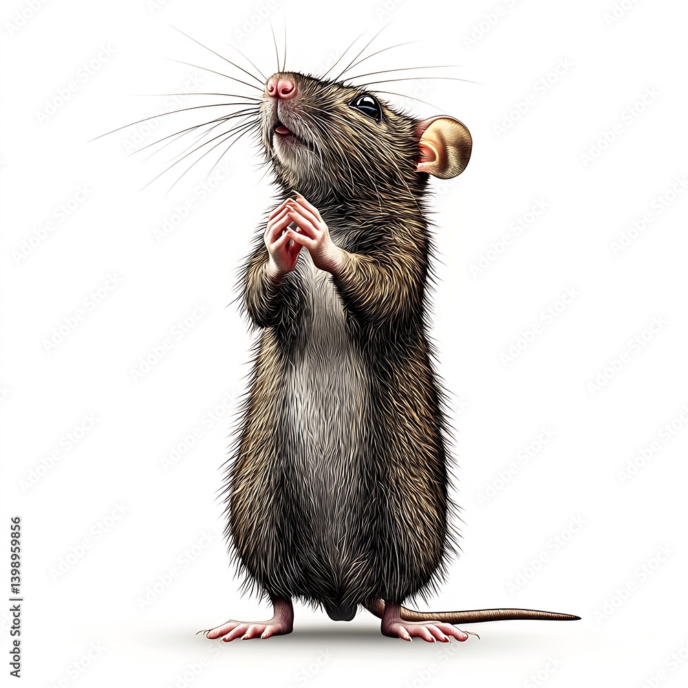 Poster detailed image of an attentive brown rat standing upright with its paws together in a cute pose : ge