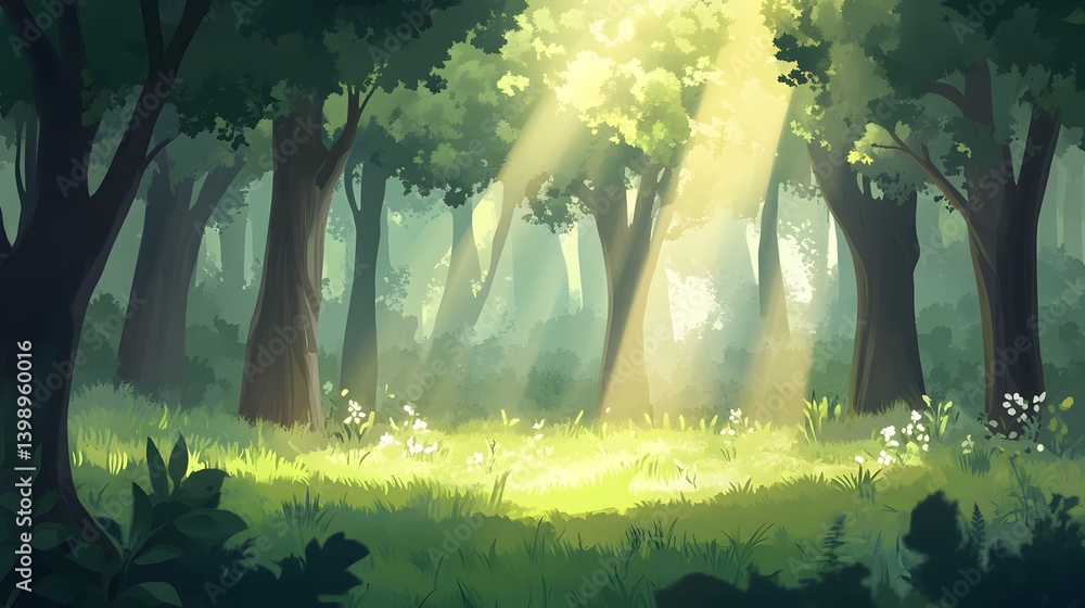 Poster sunlight shining through trees in a beautiful forest, creating a magical and enchanting scene