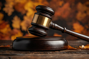 A wooden gavel rests on a sound block against a blurred autumnal background, symbolizing justice and the fall season.