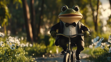 Frog in tuxedo rides bike in forest meadow