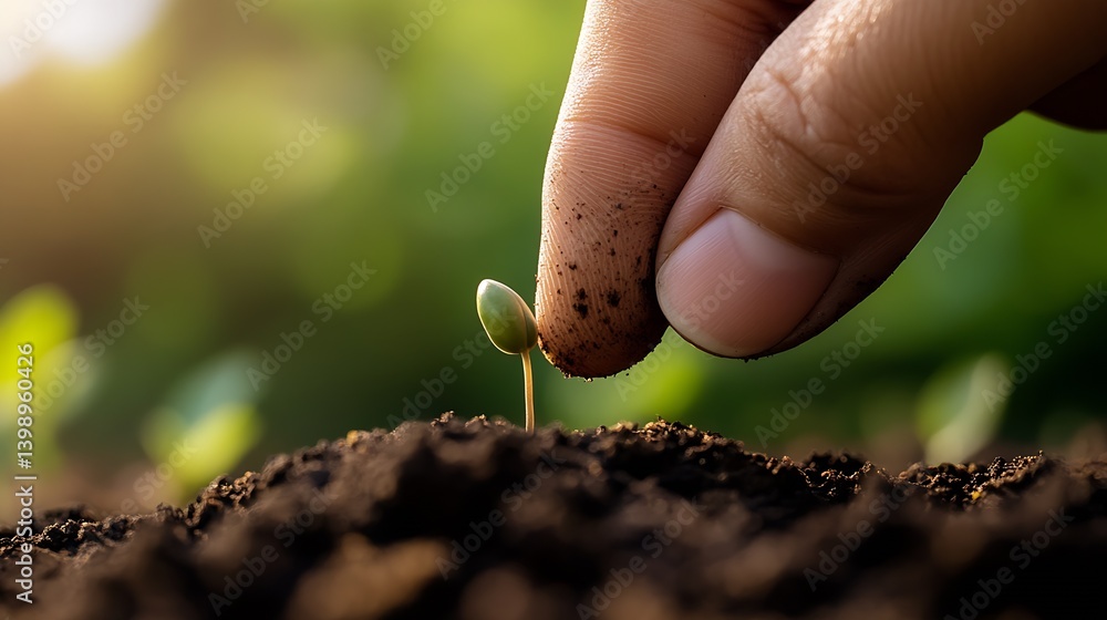 Aufkleber close up of a finger gently placing a seed into dark rich soil for optimal growth : generative ai